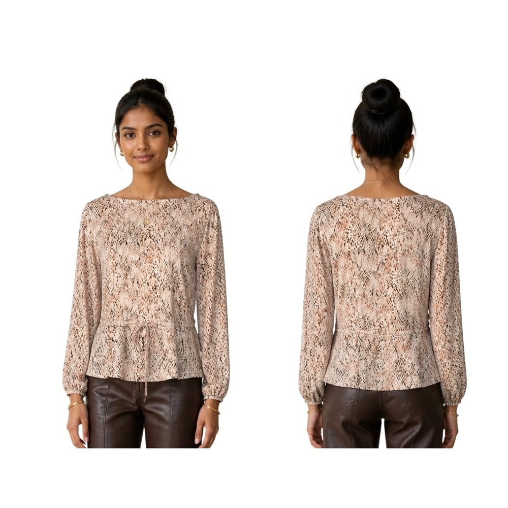 Belldini Snakeskin Print Peplum Top Boat Neck Drawstring Waist Tan Brown Large